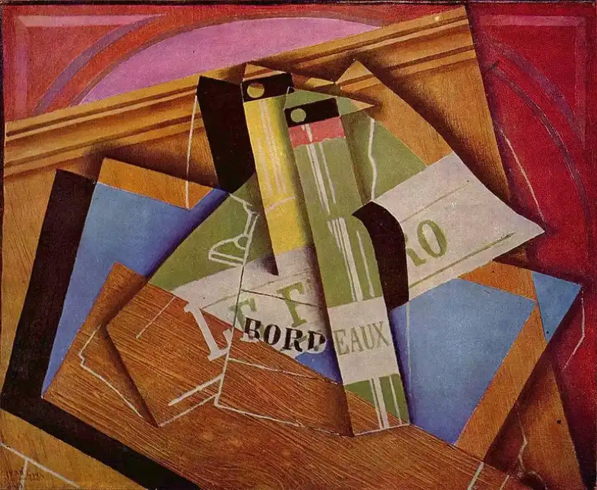 Arte modernista - Stilleben mit Bordeuauxflasche (Naturaleza muerta con una botella de vino de Burdeos, 1919) de Juan Gris