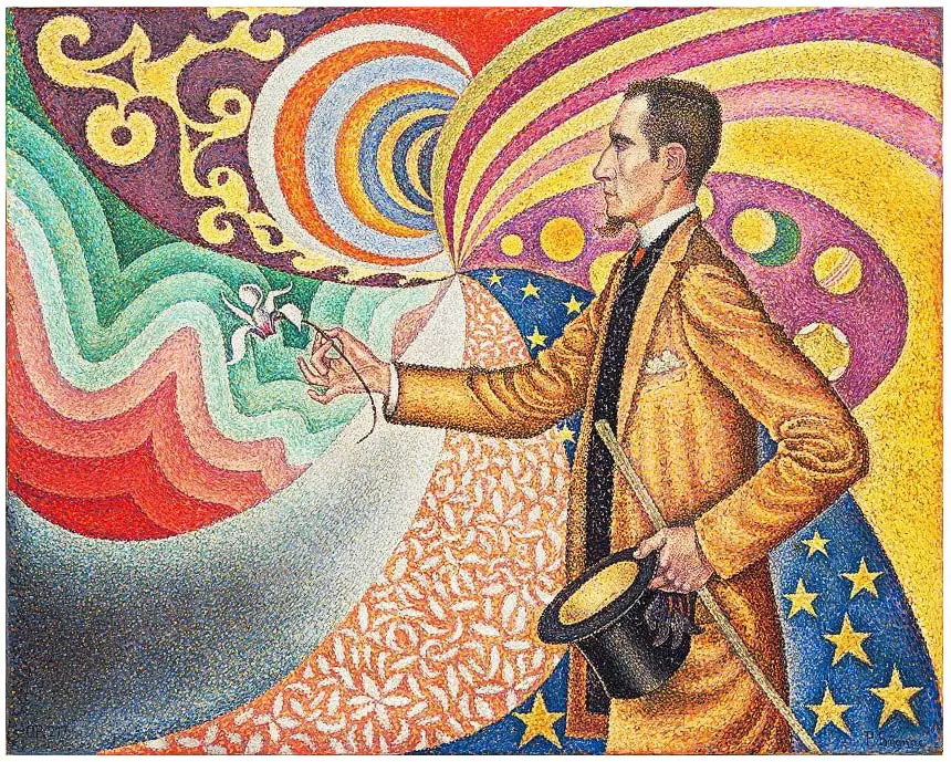 Opus 217. En esmalte con un fondo rítmico de ritmo y ángulo, tono y tono, M. Félix Fénéon de Paul Signac en 1890 (1890) se encuentra ahora en el Museo de Arte Moderno de Nueva York, EE. UU