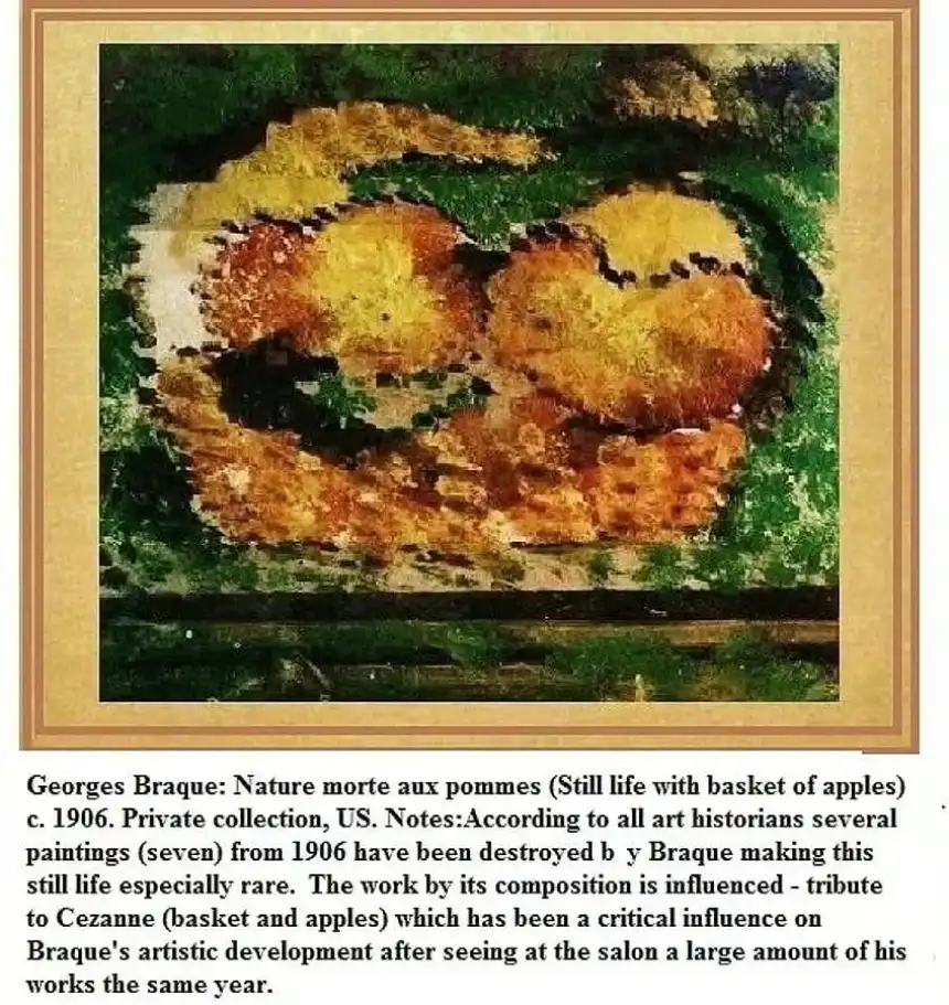 Nature morte aux pomme (Naturaleza muerta con cesta de manzanas, hacia 1906) del renombrado artista cubista Georges Braque. 
