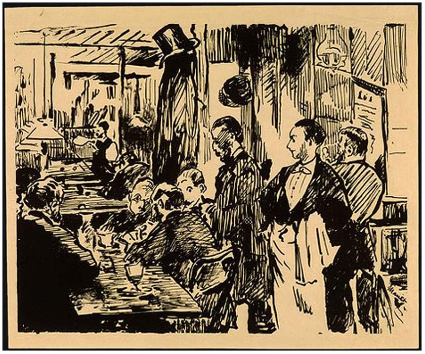 Transcripción litográfica del artista impresionista Édouard Manet titulada En el Café Guerbois, (1869)