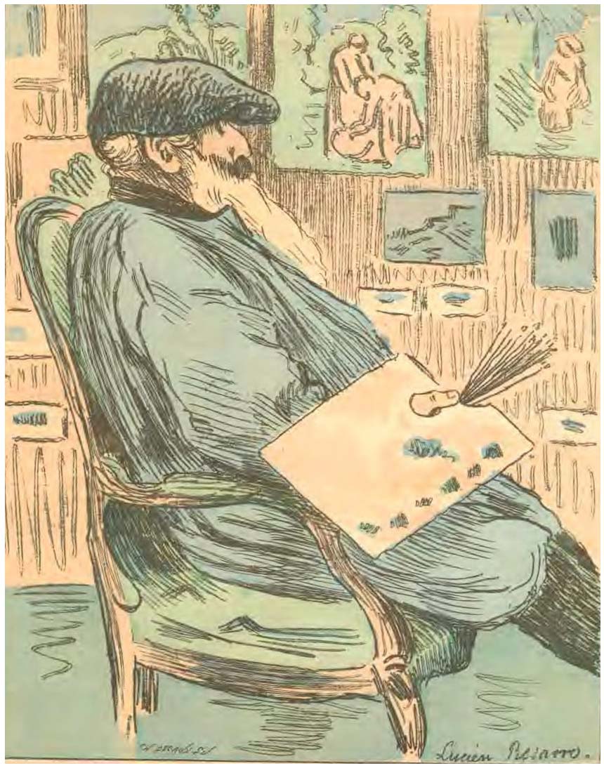 Camille Pissarro Portraita Detalle de la portada de la revista Les Homme D'Aujourd'hii, año 366 (1890), que representa un cuadro de Lucian Pissarro de su padre Camille Pissarro. 