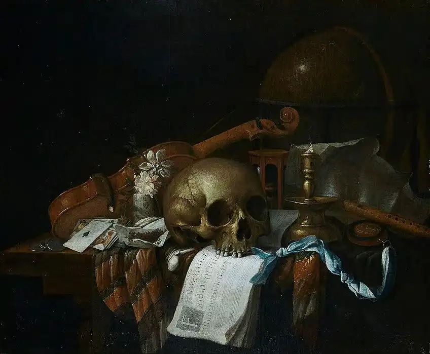 Bodegón de vanitas con calavera, partitura, violín, globo terráqueo, vela, reloj de arena y naipes, todo sobre una mesa cubierta (1662) de Cornelis Norbertus Gijsbrechts