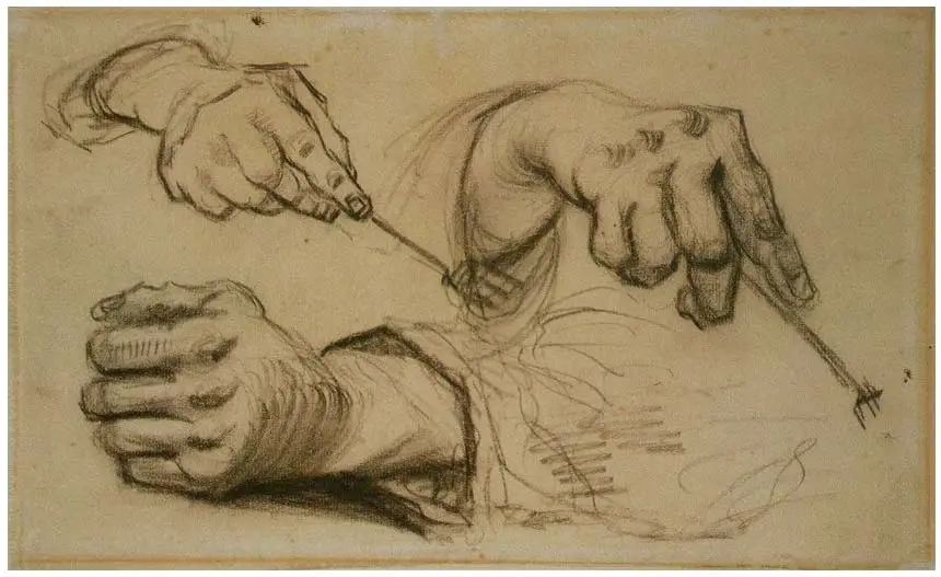 Estudios de manos (dos de ellas sujetando tenedores) (1885) de Vincent van Gogh
