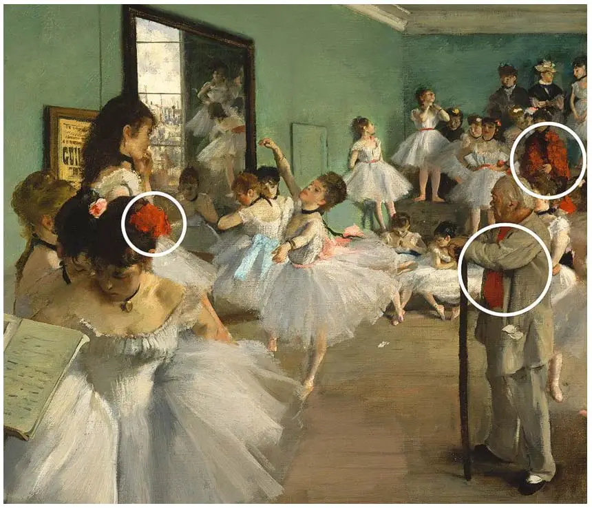 Detalle rojo de la clase de baile de Edgar Degas (1874)