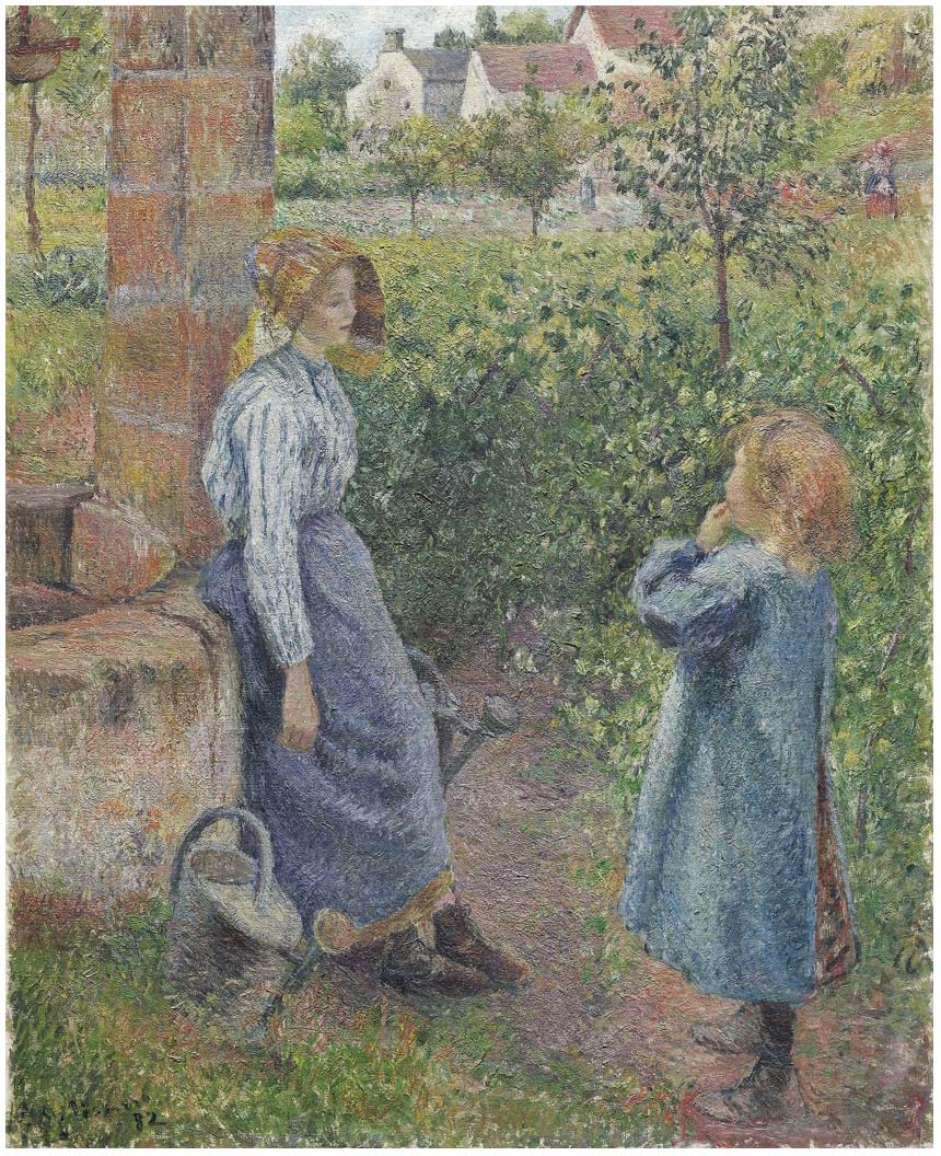 Mujer joven y niño en el pozo</em>(1882) de Camille Pissarro