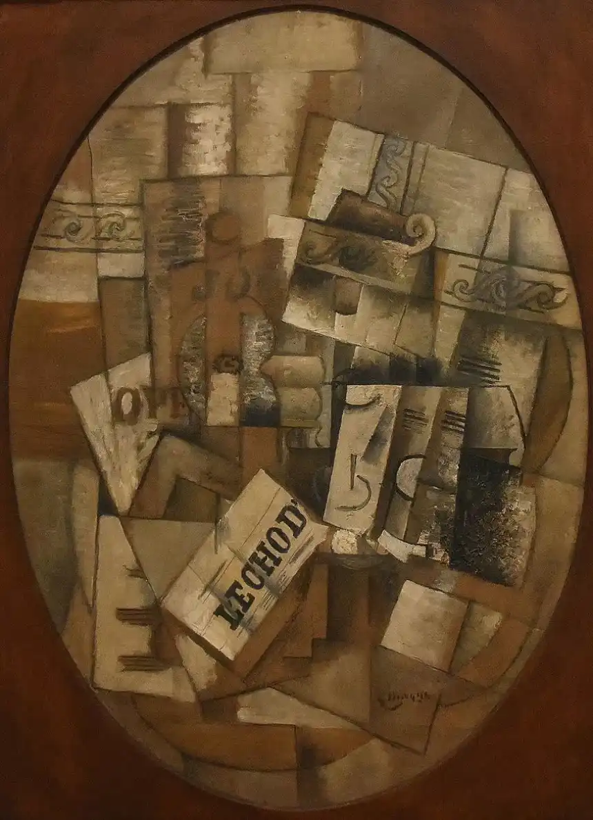 Pintura cubista / Naturaleza muerta con vidrio y periódico (1913) de Georges Braque