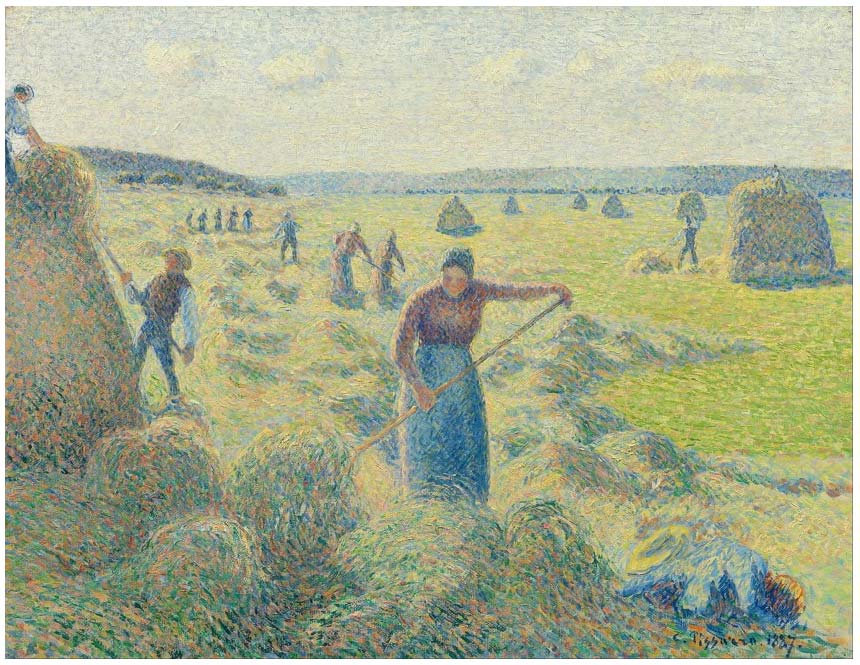 Pintura de Camille Pissarro: Camille Pissarro cosechando heno en Éragany (1887)