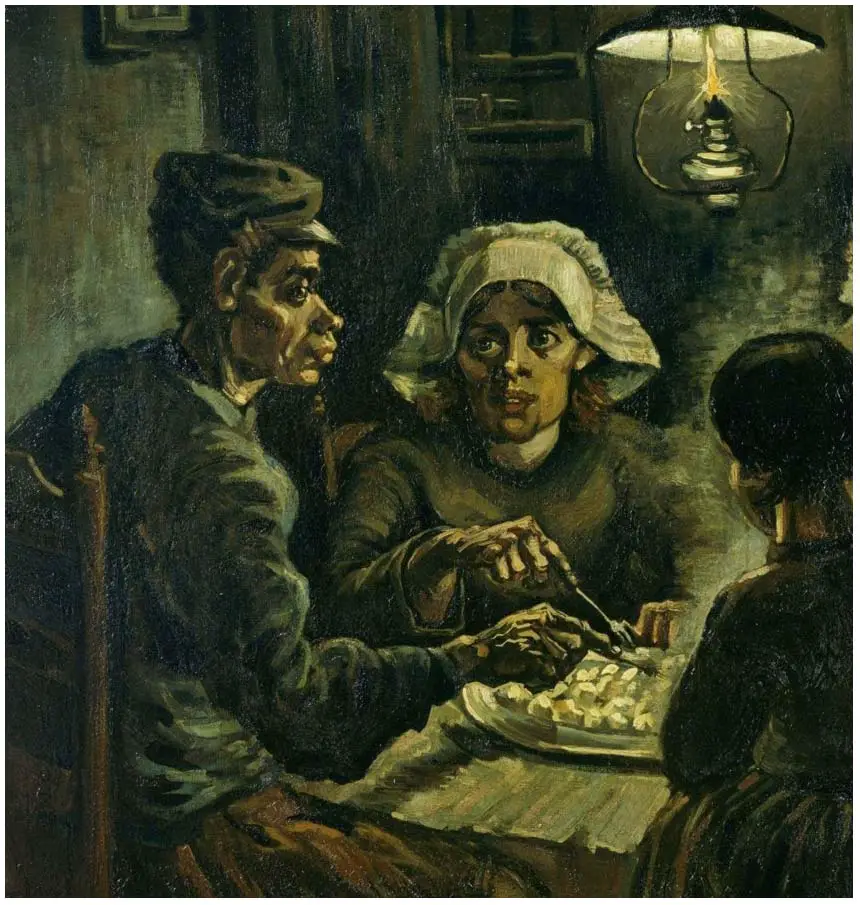 Primer plano de Los comedores de patatas de Vincent van Gogh